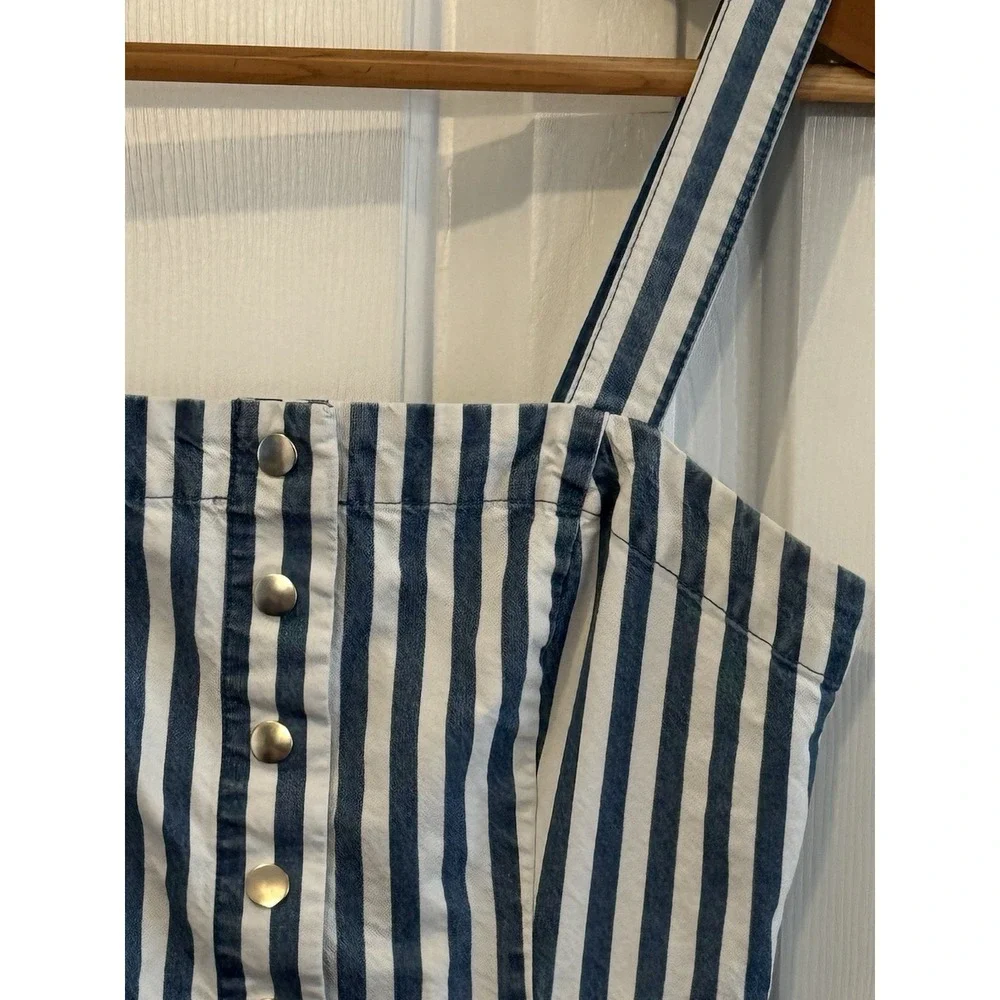 Blue L Stripe Jumper Dress Modest Pockets 100% Cotton Overalls Casual Classic‎